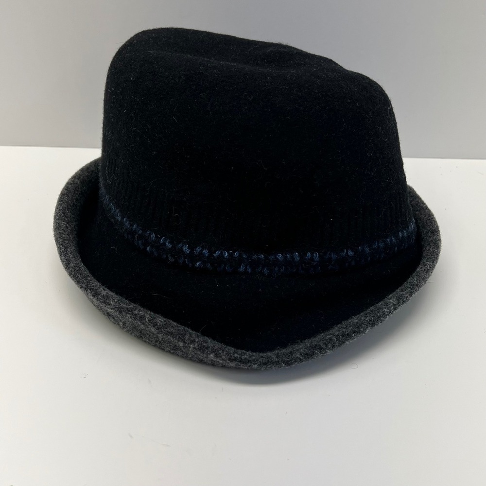 Black Wool Blend Bucket Hat Cloche With Grey Brim And Blue Stitching Adjustable - Picture 8 of 10